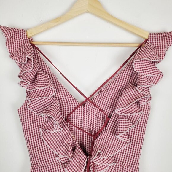 Wayf XS Gingham Check Seersucker Mini Dress red & white V-neck Lace up Ruffles - Picture 6 of 7